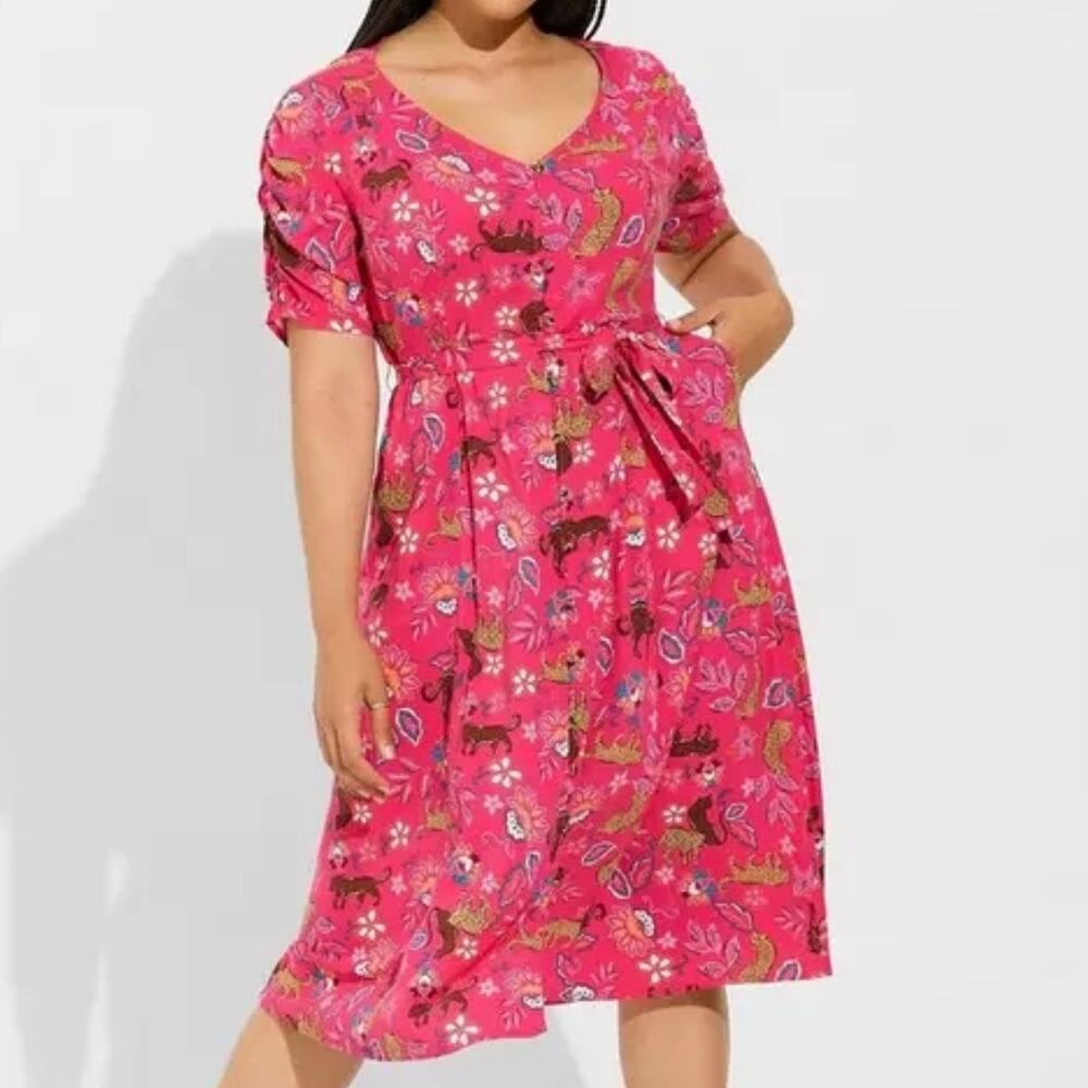 Torrid Shirt Dress w Pockets 1X Womens Plus Pink Cheetah Floral V-Neck Belted